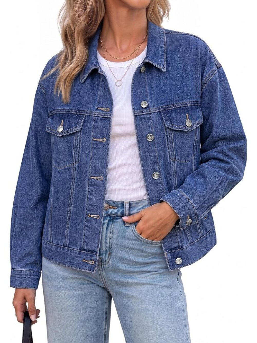 Women’s Classic Blue Oversized Button Up Classic Casual Denim Jean Jacket